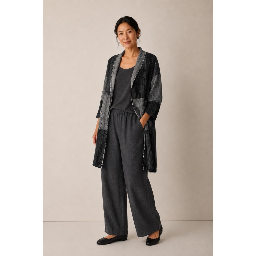 Eileen Fisher Organic Cotton Open Front Cardigan Jacket OS/TU Gray/Black